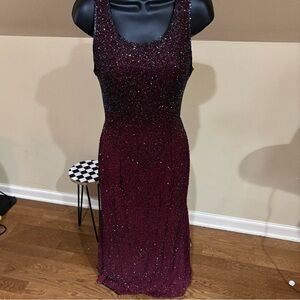 Y2k vintage Sean collection floor length all over beaded silk gown burgundy/wine